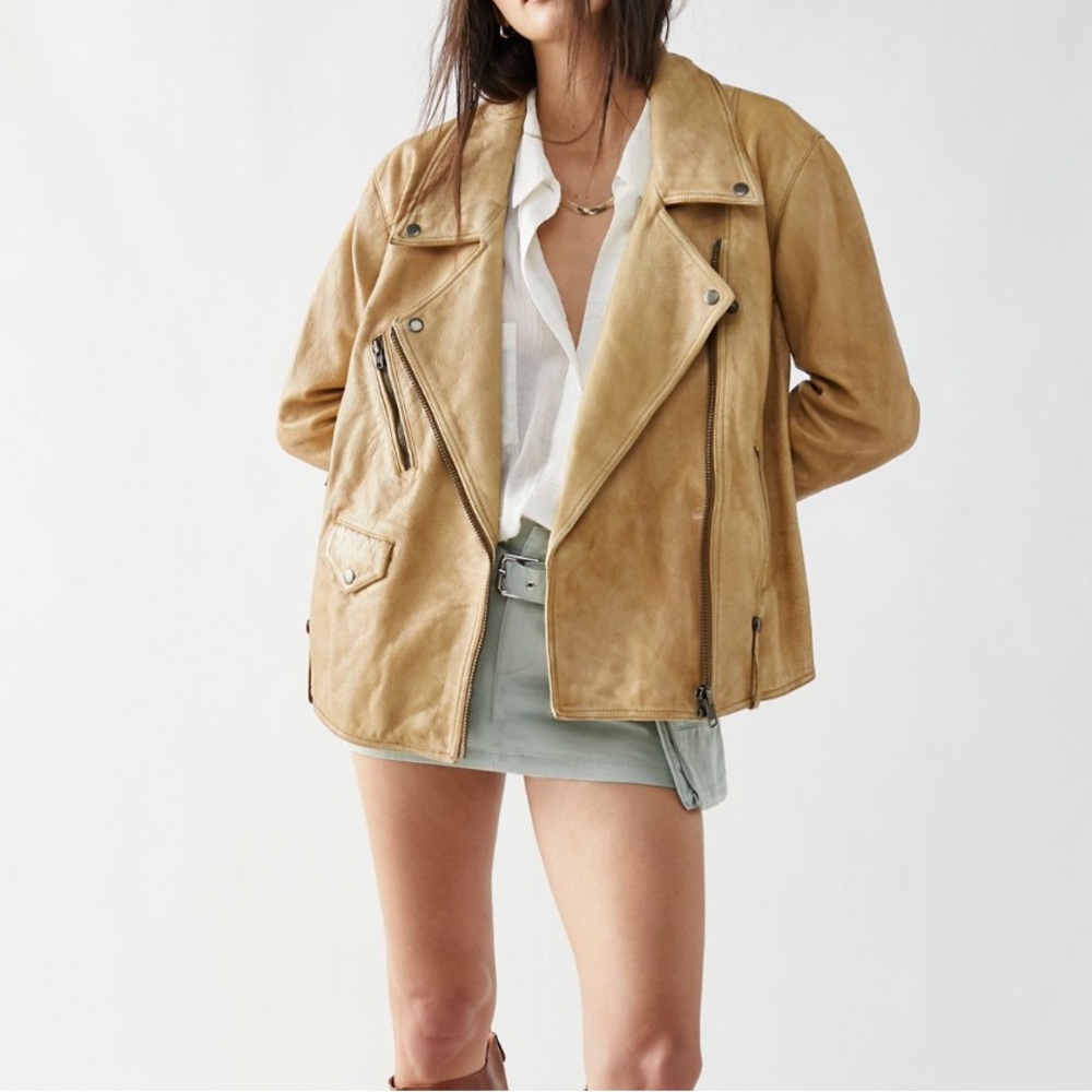 NWT Free People sz medium tan leather moto jacket